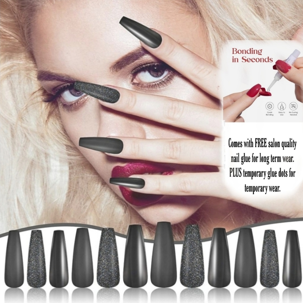 DARK BLACK GLAM 💅NAILS glue on OR press on *COMPLETE DIY PRO NAIL KIT